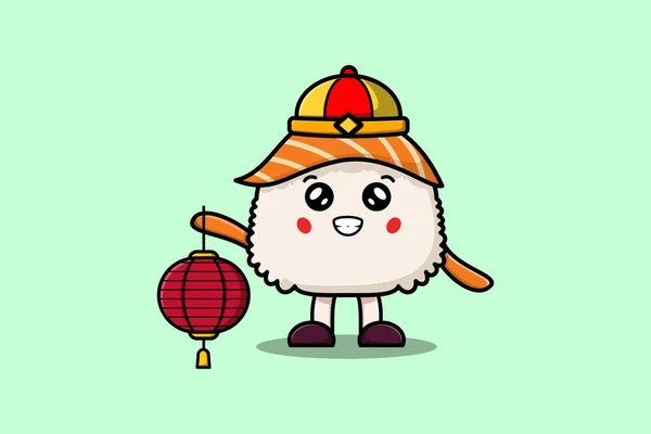 Mignon Dessin Animé Sushi Personnage Chinois Tenant Lanterne Dans Illustration — Image vectorielle