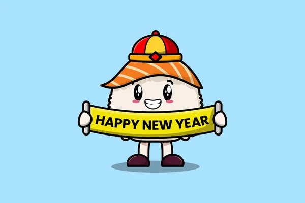 Cute Cartoon Sushi Chinese Character Holding Happy New Year Board — Stock Vector