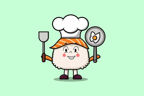 Cute Cartoon Sushi Chef Character Holding Pan Spatula Flat Cartoon — Stock Vector