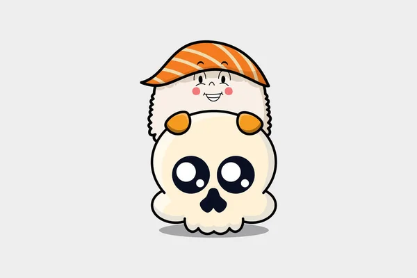Cute Sushi Cartoon Character Hiding Skull Illustration Flat Modern Design — Stock Vector