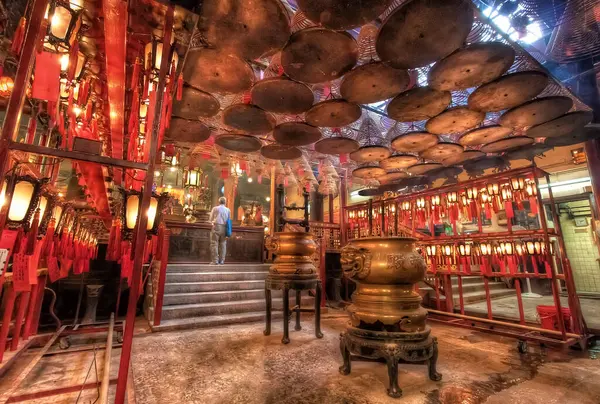 Traditional Chinese Temple with Lanterns, Incense and Pilgrims, Man Mo Temple, Hong Kong