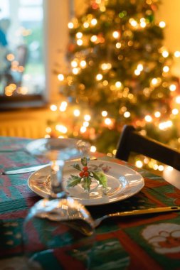 Cosy Warm Festive Dining Table with Cutlery on Christmas Morning ready for Dinner 01 clipart