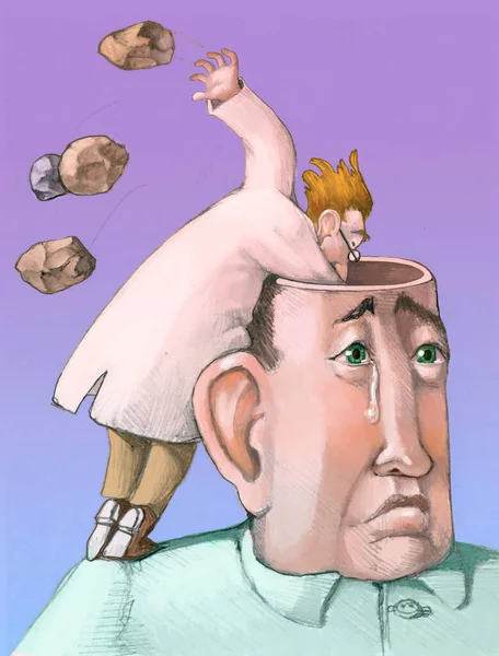 Zbliżenie Twarzy Smutnego Mężczyzny Płaczącego Jego Głowy Lekarz Wyciąga Kilka — Zdjęcie stockowe