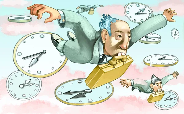 Funcionários Voam Céu Entre Relógios Conceito Estresse Trabalho Despersonalização Dos — Fotografia de Stock