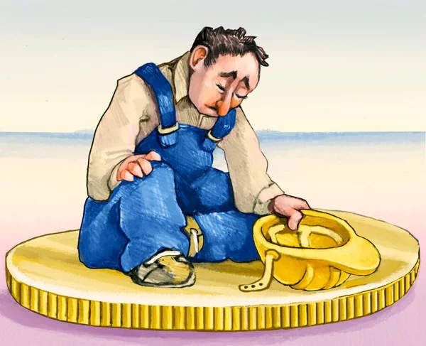 a worker kneeling on a coin begs for charity, a metaphor for workers who are increasingly exploited and blackmailed by big capital