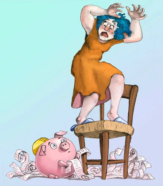 Frau Schwankt Auf Stuhl Und Entgeht Rechnungen Und Konten — Stockfoto