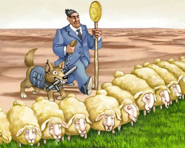 Sopasında bozuk para olan bir finansör ve elinde copu olan bir kurt köpeği tüm otları yemesi için koyunları iterek arkalarında çölü bırakırlar. Çevresel yıkımın bir metaforu.