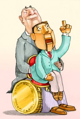 Sikkelerin üzerine oturmuş bir bankacı manevra yapıyor politikacıya benzeyen bir kukla, yozlaşma metaforu