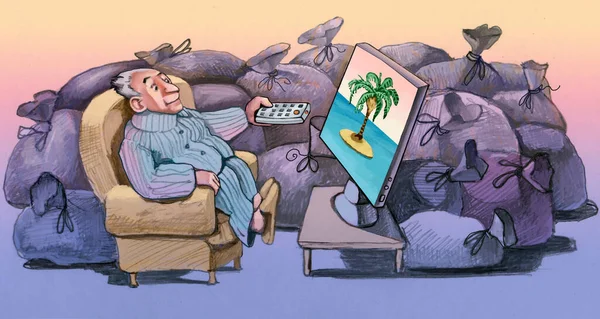巨大なゴミ袋に囲まれたアームチェアに座っている男はテレビでヤシの木がある夢の島を見る — ストック写真
