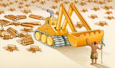 Amazon yerlisi bir buldozerin önünü kesiyor. Yerli halk dünyayı çok uluslu şirketlerin açgözlülüğünden koruyor.