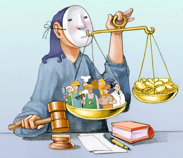 Een Rechter Met Een Masker Weegt Werknemers Geld Een Schaal — Stockfoto