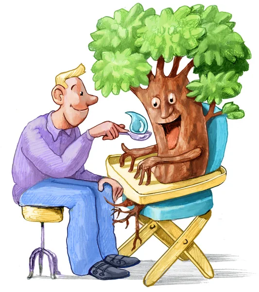 Man Feeds Tree High Chair Water Were Child Metaphor Importance — Stock Photo, Image