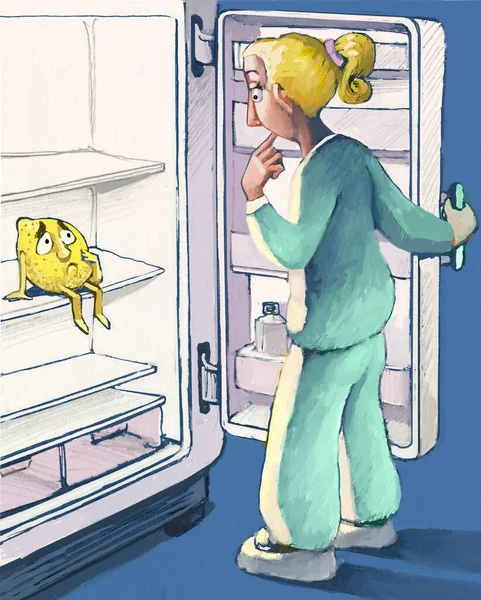Жінки Відкривають Холодильник Бачать Одиночний Лимон Метафору Ускладнення Управління Витратами — стокове фото
