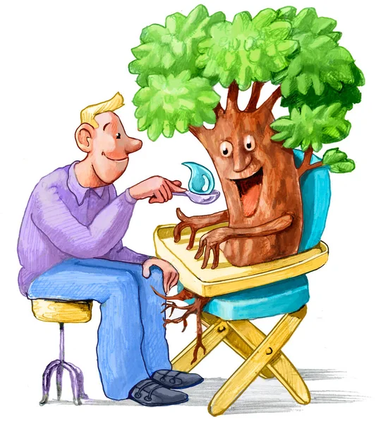 一个人在高高的椅子上喂树 用水喂树 就好像它是个孩子 比喻水对于挽救森林和生存的重要性 图库图片