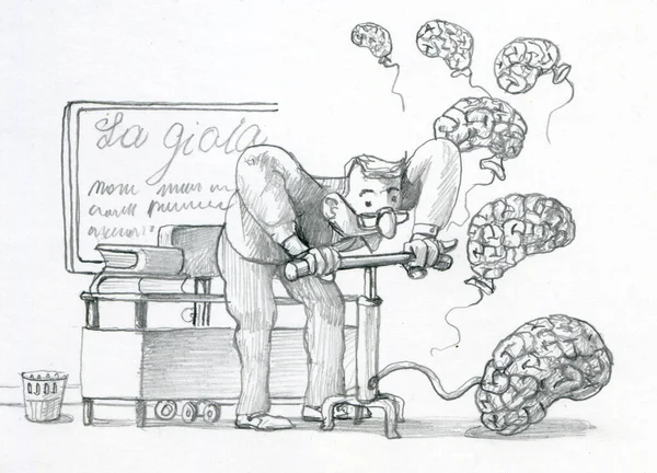 Professor Cresce Cérebros Inflando Com Uma Bomba Bicicleta Uma Metáfora — Fotografia de Stock