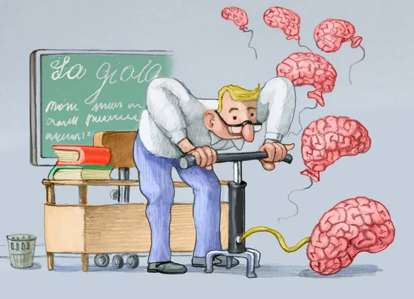Nauczyciel Rozwija Mózgi Poprzez Pompowanie Ich Pompą Rowerową Metaforą Znaczenia — Zdjęcie stockowe