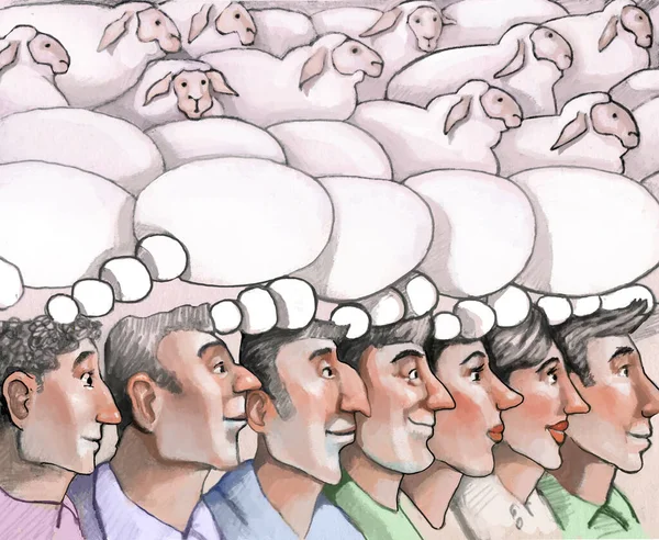 Group People Developing Thought Bubbles Bubbles Turn Flock Sheep Metaphor — Stock Photo, Image