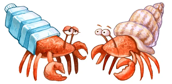 两只隐士蟹 一只是用贝壳造的房子 另一只是用塑料瓶子比喻污染海洋造的房子 免版税图库照片