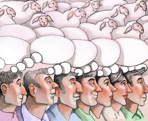 Group People Developing Thought Bubbles Bubbles Turn Flock Sheep Metaphor Stock Image