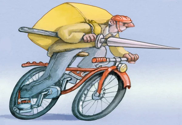 骑手的肖像 长矛猛冲进比赛的概念低薪和危险的工作 卡通画 免版税图库照片