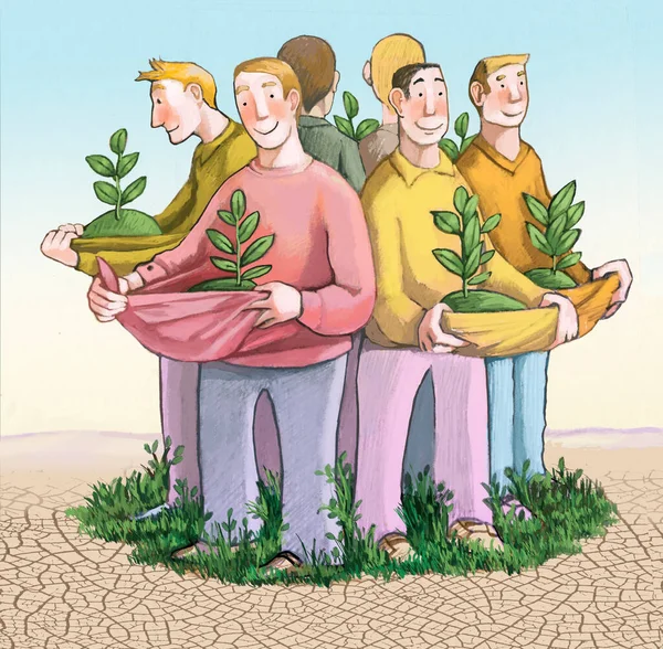 人们围成一圈 把植物抱在怀里 使绿色生长在沙漠中央 这是生态联系力量的隐喻 图库照片