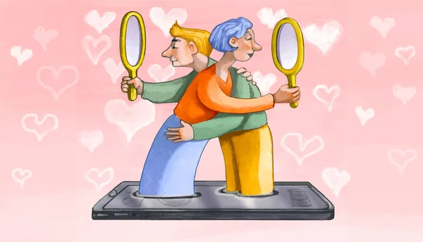 Homem Uma Mulher Imersos Smartphone Abraçam Mas Olham Espelho Vez — Fotografia de Stock