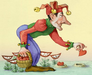 Bir soytarı güler yüzlü bitkilerin kalplerini yerleştirir.