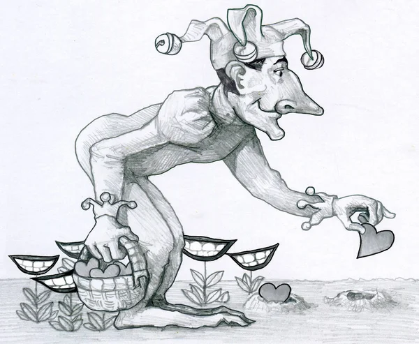 Bir soytarı güler yüzlü bitkilerin kalplerini yerleştirir.