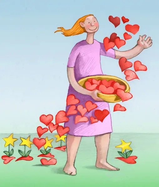Kvinne Sår Mange Hjerter Hvorfra Frøplanter Med Blomster Laget Stjerner stockbilde