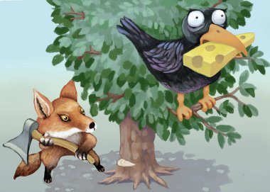 metaphor of aggressive policy, fox not trying to persuade the crow to let go of the cheese but cutting down the tree clipart