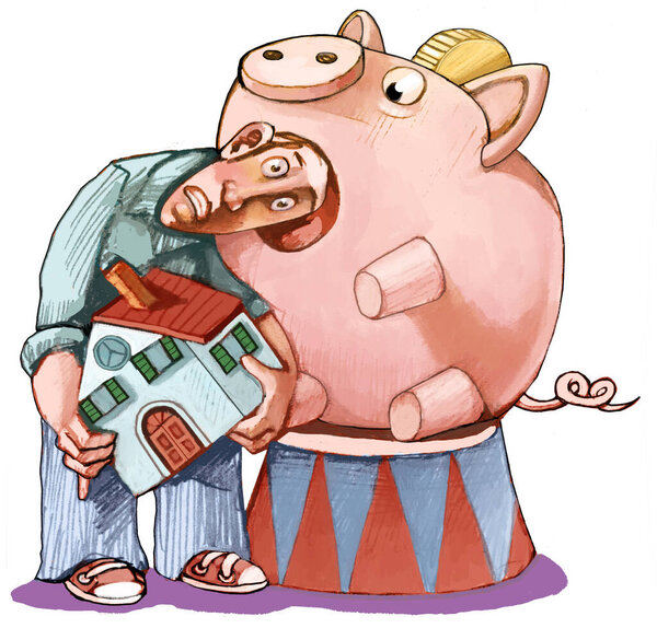 Man with his house in his arms sticks his head in the jaws of a piggybank, a metaphor for the rise of adjustable-rate mortgages and greed of banks 