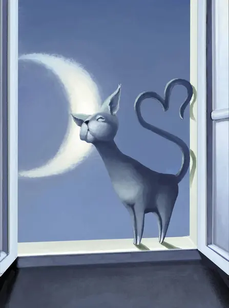 Cat Window Sill Rests Its Snout Crescent Moon Metaphor Sweetness Zdjęcie Stockowe