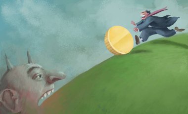 Bir adam tepenin aşağısında bozuk para kovalıyor ve onu bekliyor ağzı açık bir şeytan onu yutmaya hazır ekonominin kendi kendini yok etmesine yol açan metaforu.