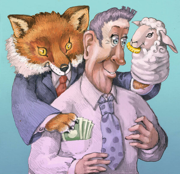 доносчик обманывает наивного, притворяясь овцой и предлагая монету, в то время как кража банкнот за его спиной концепции мошенничества