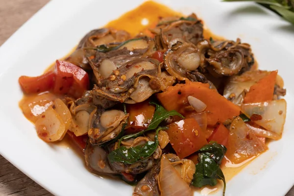 Anadara Granosa Kevert Sült Chili Paszta Fűszeres Thai Étel — Stock Fotó