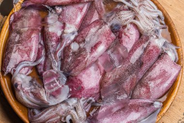 Gri masada buzlu ve maydanozlu taze çiğ mürekkep balıkları. Ahşap arka planda.