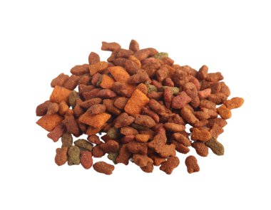 Stack of cat food pellets on white background