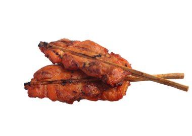 Grilled chicken skewers on a white background