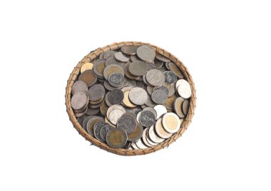 Coins in a bamboo basket on a white background.Saving money concept