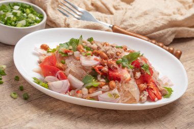 Vermicelli salad with minced pork, spicy food.Thai food