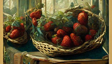 fresh red strawberries in a basket painting