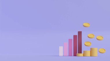 Madeni paralar ve çubuklar, finans, yatırım, iş, hisse senedi yükselişi ve düşüşünü gösteren konsepti gösteriyor. 3B görüntüleme
