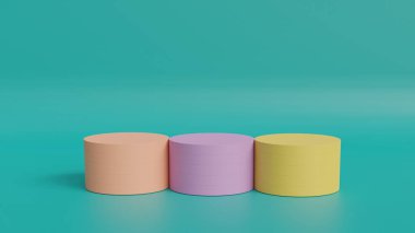 Ürün sergisi için renkli yuvarlak podyum. 3B görüntüleme.