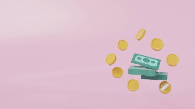 Para ve banknotlar, finans sektörü konsepti. Uzayı kopyala 3B görüntüleme