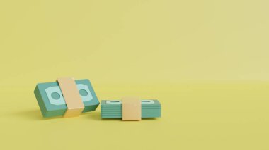 Para ve banknotlar, finans sektörü konsepti. Uzayı kopyala 3B görüntüleme