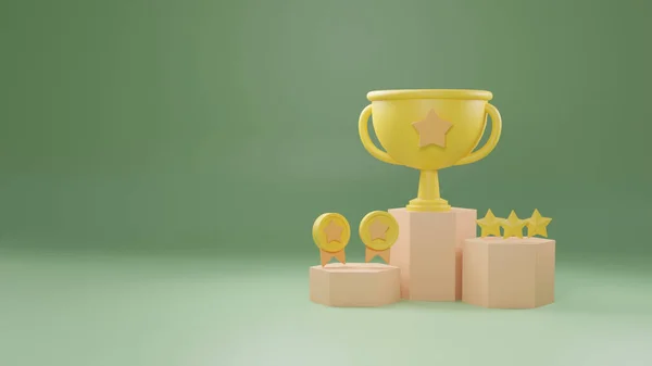 podium winners with cups, gold winners and gold stars, first and second place and third place winning trophies in ceremony podium cartoon style, 3d rendering