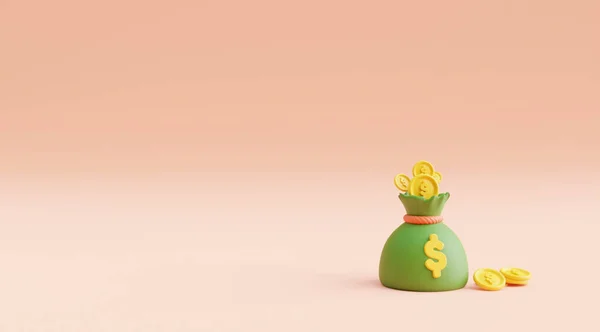Money bag icon, money saving concept.Green money bag. 3D rendering.