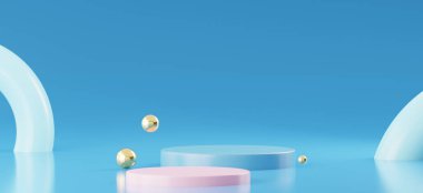 Geometrik platformlu 3D ürün podyum sahnesi. 3D silindir podyum. Ticari geçmiş. Modern minimal tasarımda geometrik formlar. 3d oluşturma.