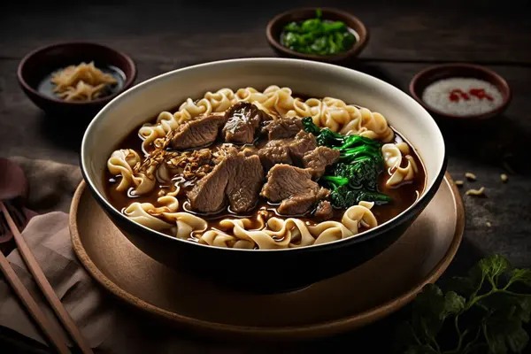 stock image Spicy red soup beef noodle in a bowl on wooden table