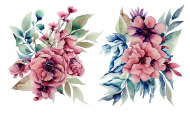 Suluboya çiçekler. Elle boyanmış soyut botanik çizimler paketi. Beyaz bir arkaplanda.